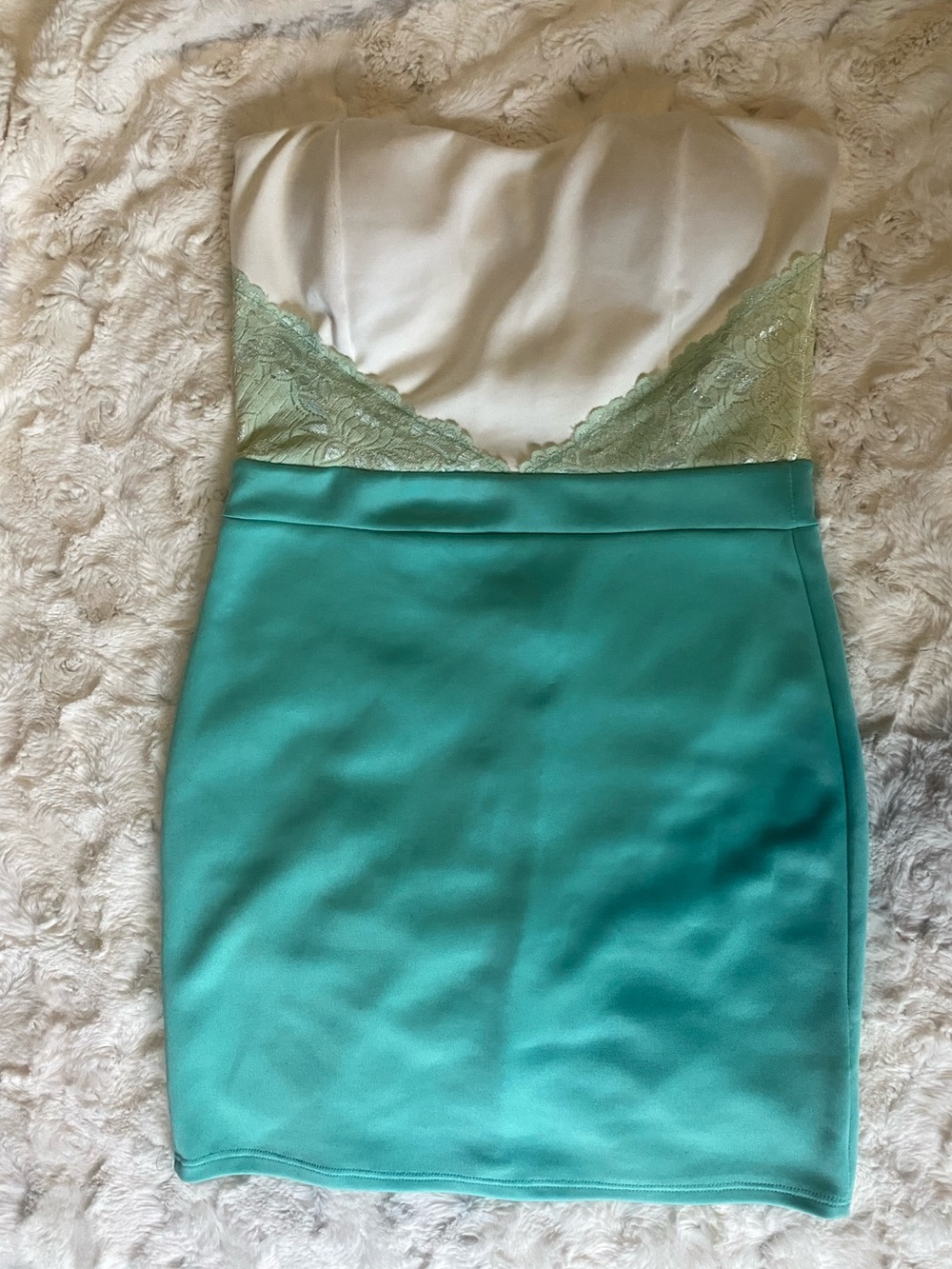 Strapless Cream and Aqua Lace-Trim Mini Dress